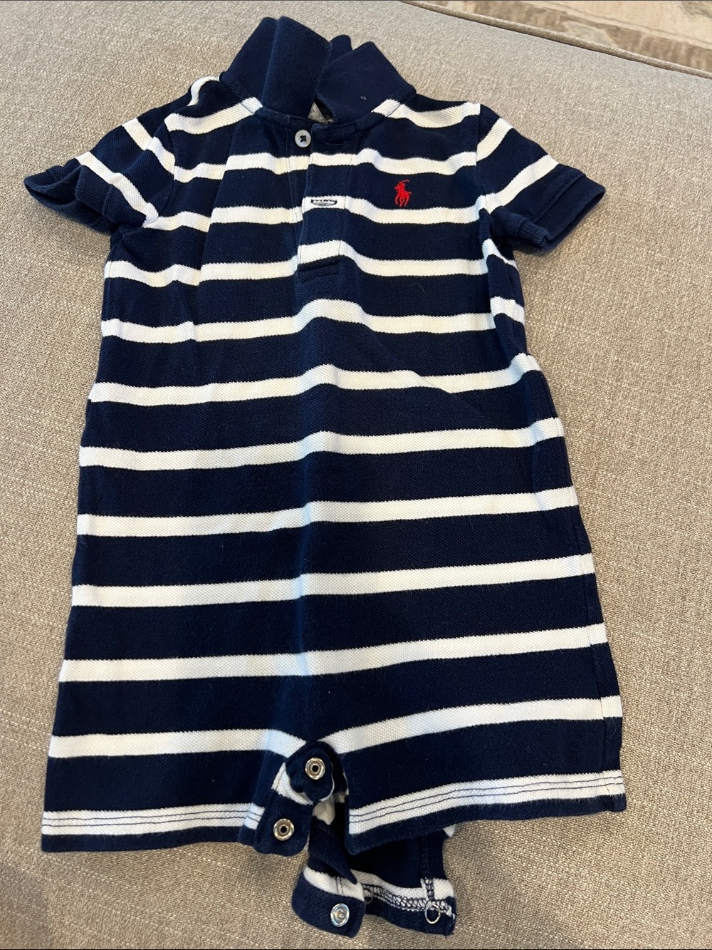 Ralph Lauren Navy & White Striped Baby Polo Romper with Red Pony